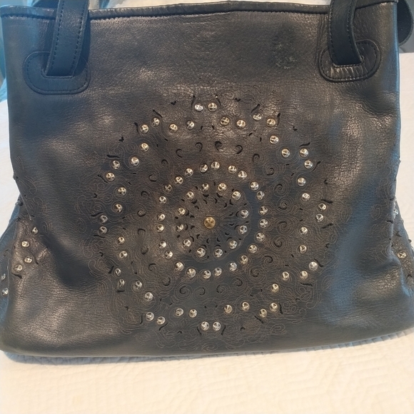 Platania Studded Lazer Cut Black Italian Leather Satchel with Swirl Design - Picture 7 of 14